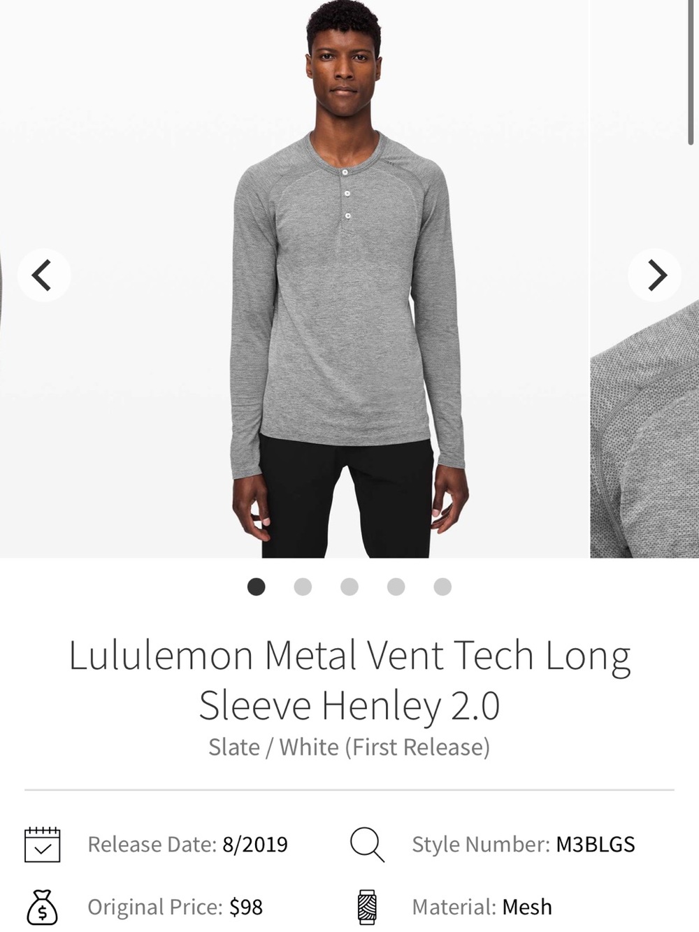 Mens Lululemon Metal Vent Tech Long Sleeve Henley - Picture 2 of 8